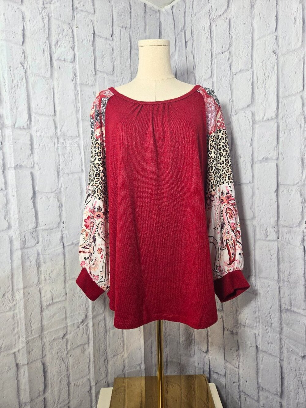 Cato Extra Large Red Balloon Sleeve Animal Print Patchwork Paisley Knit Blouse